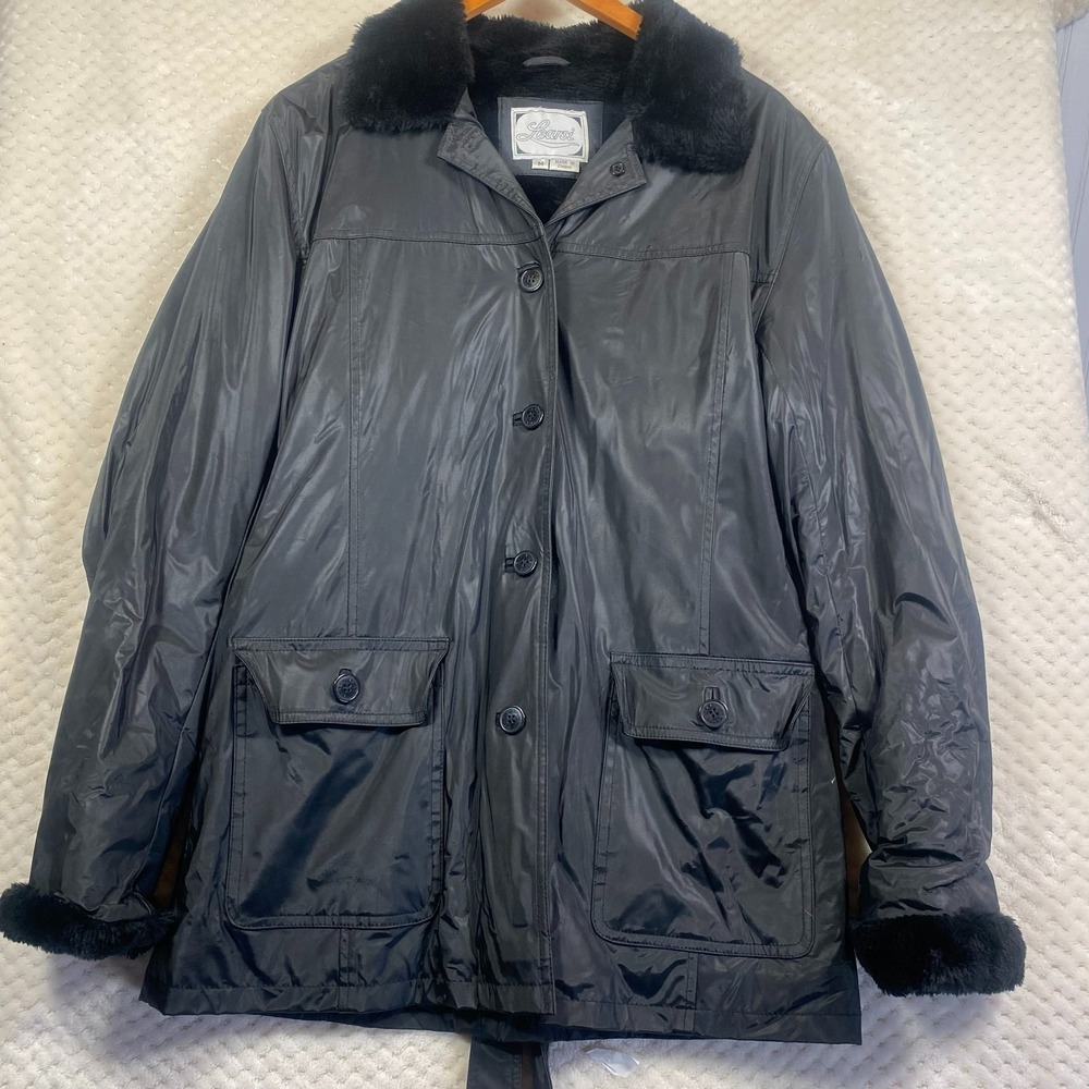 LEARSI Womens Medium Black Parka Jacket Faux Fur Collar Insulated Coat